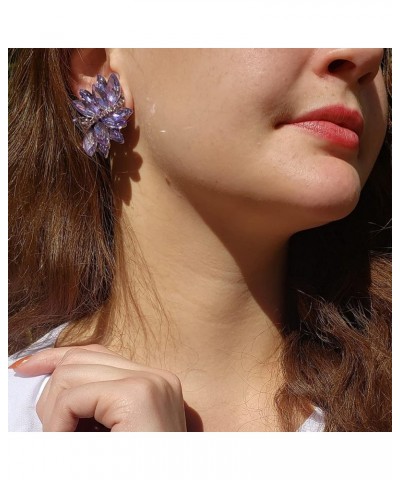 Women's Dazzling Crystal Marquis Leaf Cluster Statement Clip On Earrings, 1.87 Lavender Purple With Rose Pink Crystal Silver ...