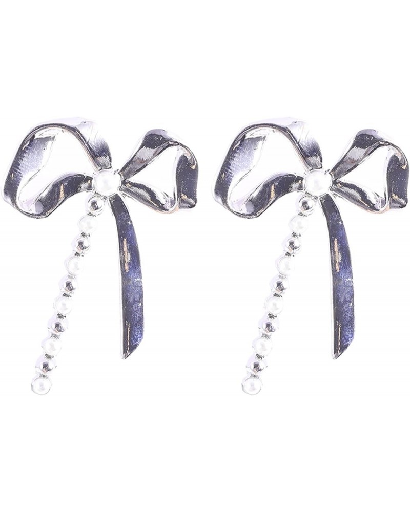 Bow Earrings for Women, Fashion Ribbon Stud Earrings Cute Bowknot Earrings Party Jewelry Gift for Girls Silver Beads Bow Earr...