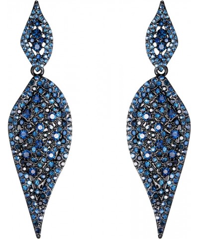 2 Leaf Round Full Crystal Art Deco Bridal Pierced Dangle Chandelier Earrings for Women 1_Sapphire Blue Black-Tone $7.50 Earrings