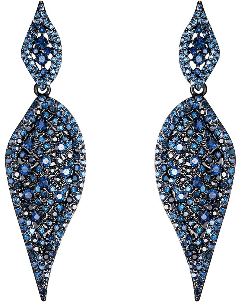 2 Leaf Round Full Crystal Art Deco Bridal Pierced Dangle Chandelier Earrings for Women 1_Sapphire Blue Black-Tone $7.50 Earrings