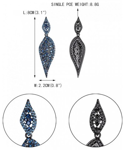 2 Leaf Round Full Crystal Art Deco Bridal Pierced Dangle Chandelier Earrings for Women 1_Sapphire Blue Black-Tone $7.50 Earrings