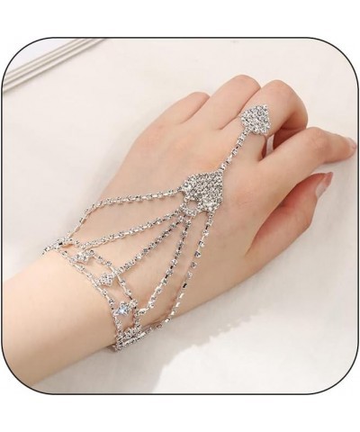 Kenfery Vintage Heart Crystal Slave Bracelet Sparking Rhinestone Finger Ring Bracelet Chain Bridal Wedding Hand Jewelry for W...