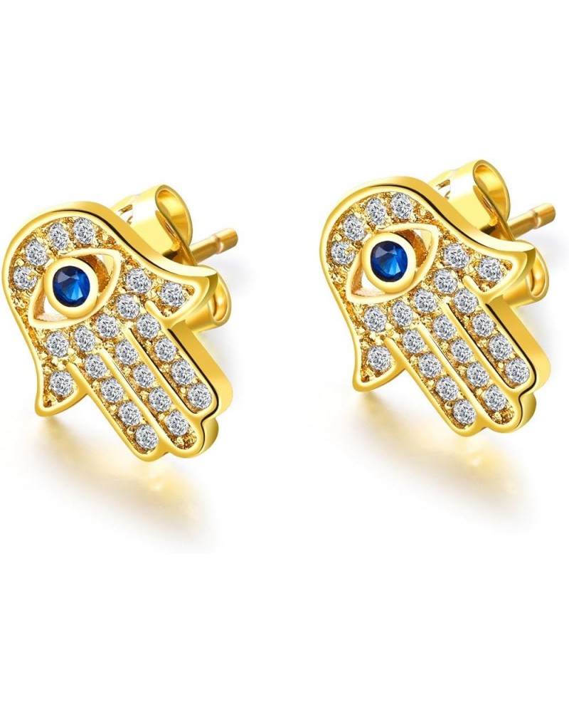 CZ Crystal Hamsa Fatima Hand Small Stud Earrings for Women Men Teen Girls Inspirational Blue Evil Eye Lucky Push Back Drop Da...