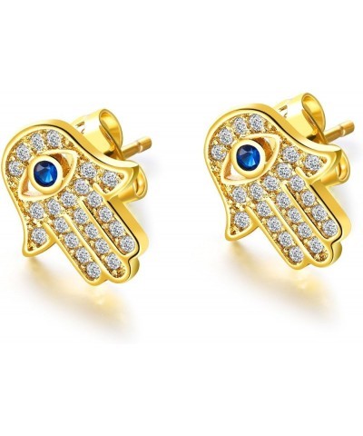 CZ Crystal Hamsa Fatima Hand Small Stud Earrings for Women Men Teen Girls Inspirational Blue Evil Eye Lucky Push Back Drop Da...