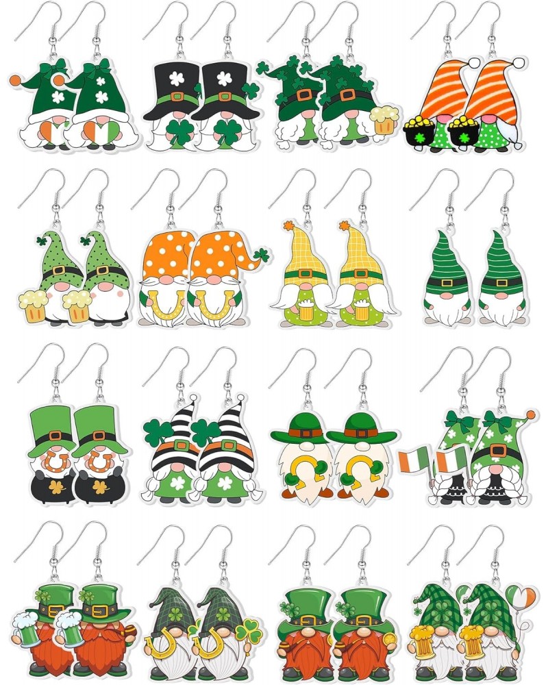 16 Pairs St. Patrick's Day Gnome Acrylic Earrings Teardrop Heart Shamrock Clover Irish Dangle Earrings Lightweight Gnome Earr...