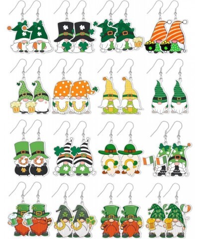 16 Pairs St. Patrick's Day Gnome Acrylic Earrings Teardrop Heart Shamrock Clover Irish Dangle Earrings Lightweight Gnome Earr...