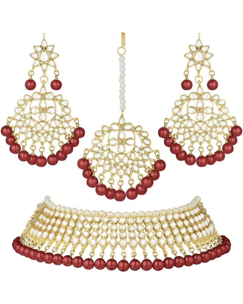 Faux Kundan Beaded Necklace Earrings & Maang Tikka Indian Bollywood Ethnic Jewelry Set For Women Maroon $20.34 Jewelry Sets