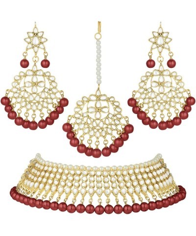 Faux Kundan Beaded Necklace Earrings & Maang Tikka Indian Bollywood Ethnic Jewelry Set For Women Maroon $20.34 Jewelry Sets