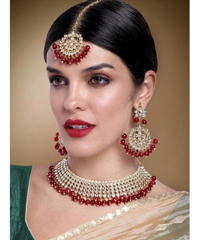 Faux Kundan Beaded Necklace Earrings & Maang Tikka Indian Bollywood Ethnic Jewelry Set For Women Maroon $20.34 Jewelry Sets