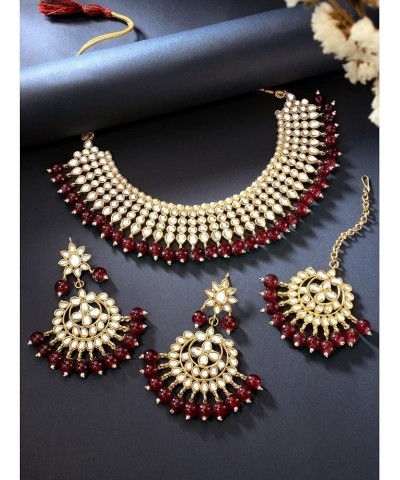 Faux Kundan Beaded Necklace Earrings & Maang Tikka Indian Bollywood Ethnic Jewelry Set For Women Maroon $20.34 Jewelry Sets