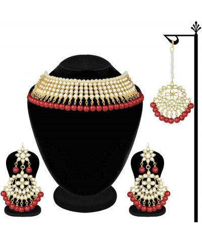 Faux Kundan Beaded Necklace Earrings & Maang Tikka Indian Bollywood Ethnic Jewelry Set For Women Maroon $20.34 Jewelry Sets