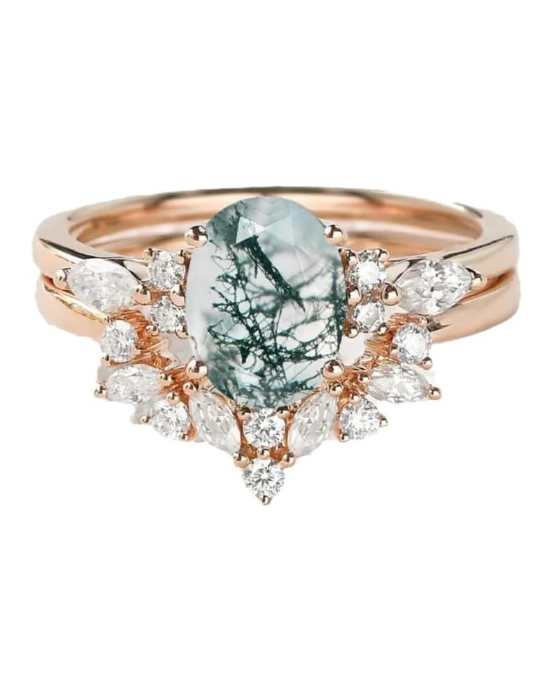 Moss Agate Ring Set Natural Moss Agate and Moissanite Engagement Ring for Women 10K 14k 18K Gold Moss Agate Engagement Ring W...