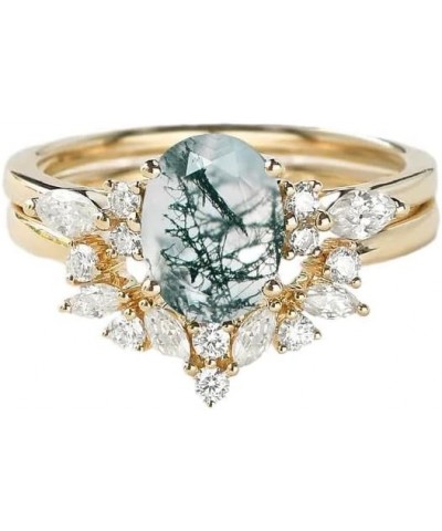 Moss Agate Ring Set Natural Moss Agate and Moissanite Engagement Ring for Women 10K 14k 18K Gold Moss Agate Engagement Ring W...