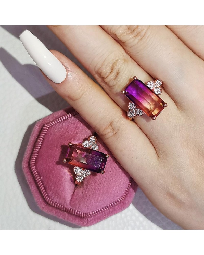 Luxury 18K Rose Gold Plated Square Cut Amethyst Ring Purple Gradient Crystal Ring White CZ Eternity Promise Engagement Weddin...