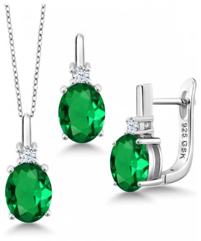 925 Sterling Silver Oval Green Simulated Emerald Pendant and Earrings Jewelry Set For Women (6.95 Cttw, with 18 Inch Chain) $...