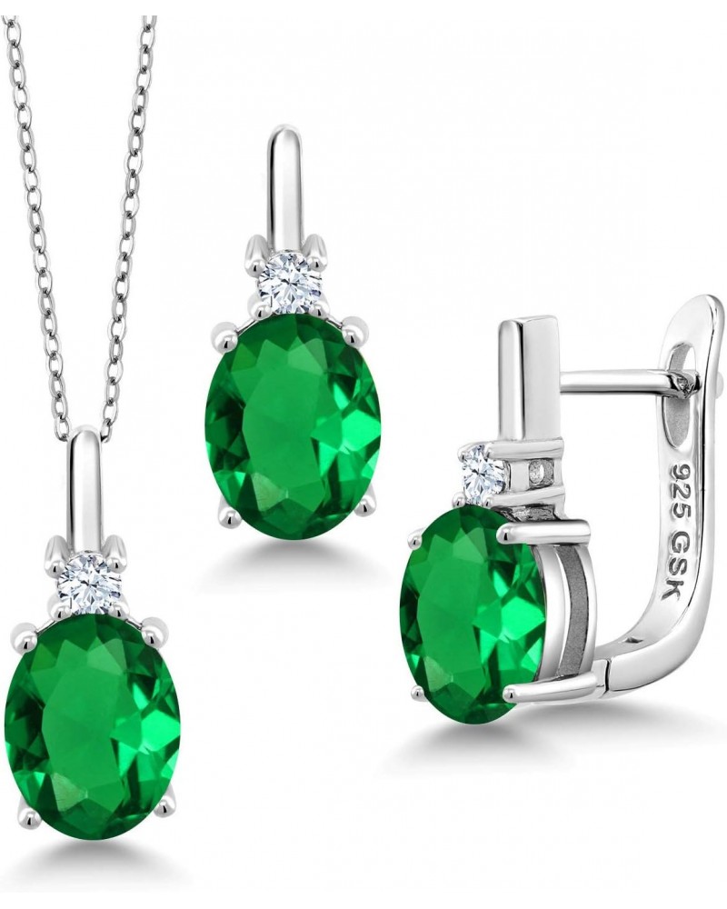 925 Sterling Silver Oval Green Simulated Emerald Pendant and Earrings Jewelry Set For Women (6.95 Cttw, with 18 Inch Chain) $...