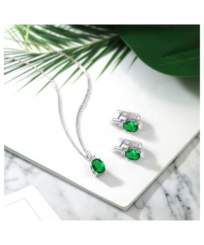 925 Sterling Silver Oval Green Simulated Emerald Pendant and Earrings Jewelry Set For Women (6.95 Cttw, with 18 Inch Chain) $...