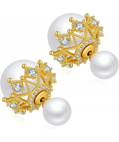 Double-Sided White Pearl Hollow Zircon 925 Sterling Silver Stud Earrings for Womem 14K Yellow Gold Plated $10.12 Earrings