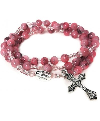 Assumption of the Virgin Mary Pink Crystal and White Howlite Stone Rosary Beads Catholic for Women and Rosary Bracelet for Wo...