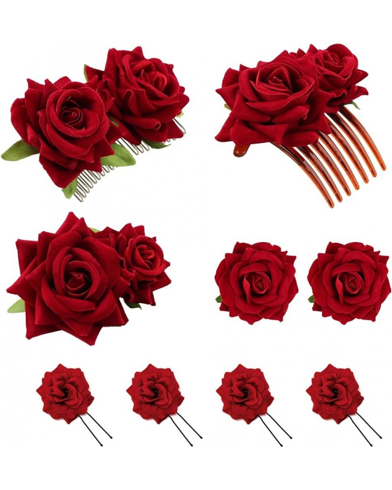 5 Pack Flower Brooch Head Ornament Bride Women Rose Flower Hair Accessories Wedding Hair Clip Flamenco Dancer 09 Pack Red Ros...