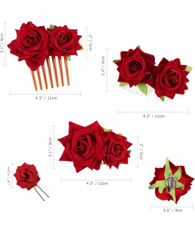 5 Pack Flower Brooch Head Ornament Bride Women Rose Flower Hair Accessories Wedding Hair Clip Flamenco Dancer 09 Pack Red Ros...