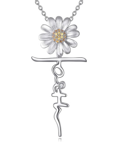 Daisy Flower Faith Cross Necklace for Women Sterling Silver Jesus Religious Jewelry Gifts for Women Mom Wife $18.40 Necklaces