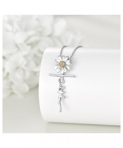 Daisy Flower Faith Cross Necklace for Women Sterling Silver Jesus Religious Jewelry Gifts for Women Mom Wife $18.40 Necklaces