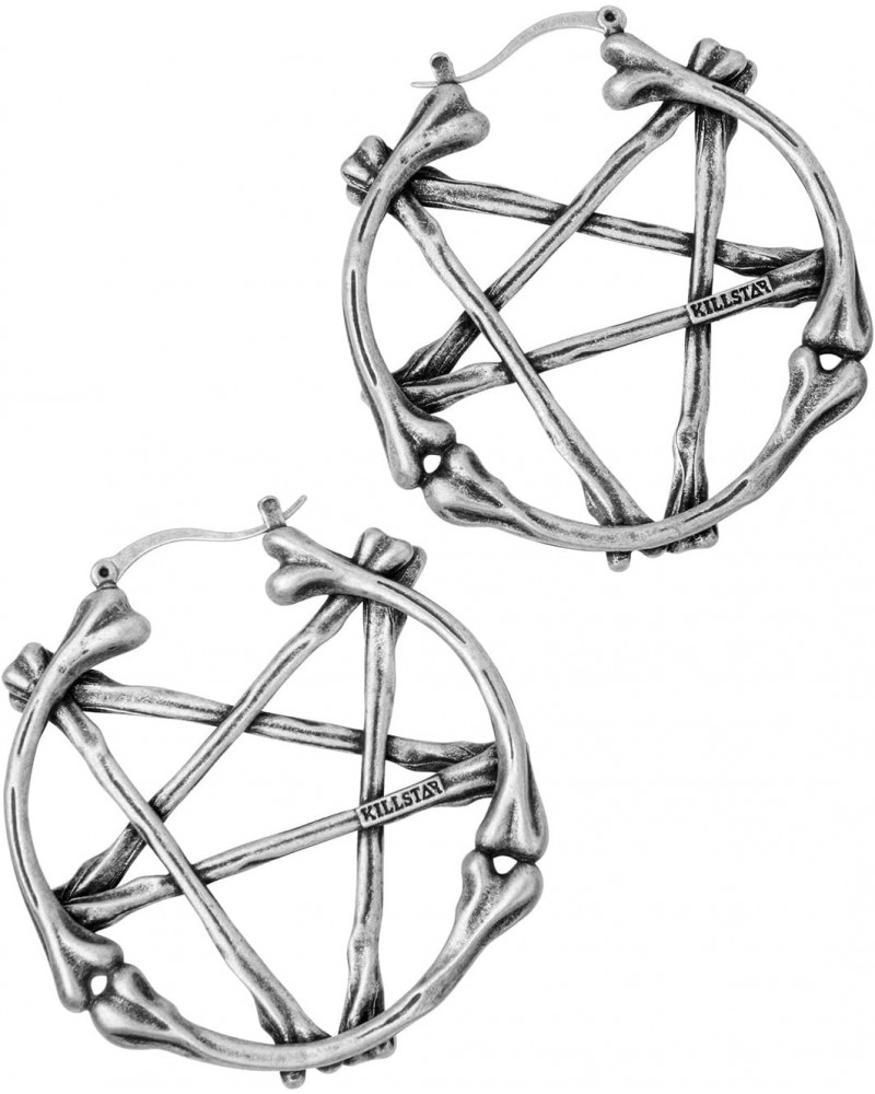 Summon Spirits Bone Pentagram Gothic Punk Silver Heavy Hoop Earrings $15.20 Earrings