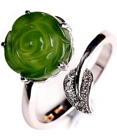 Hetian Green Jade Band Ring Jasper Rose Flower Sterling Silver Rings Adjustable for Women Gift $14.66 Rings