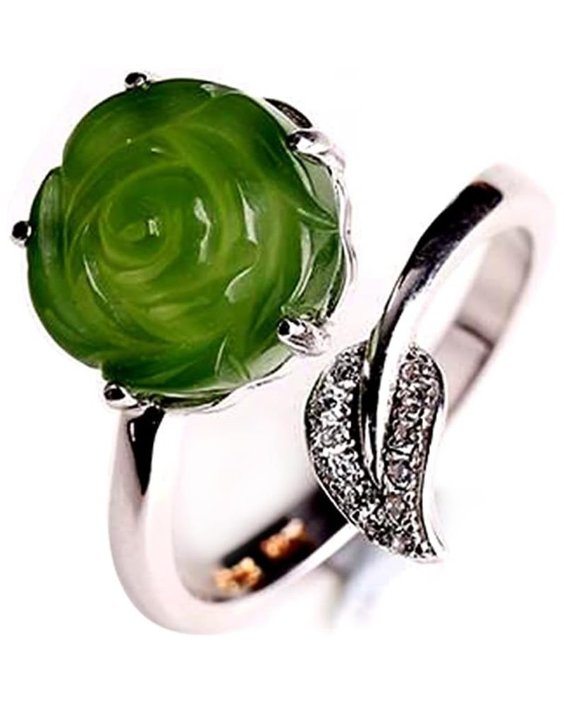 Hetian Green Jade Band Ring Jasper Rose Flower Sterling Silver Rings Adjustable for Women Gift $14.66 Rings