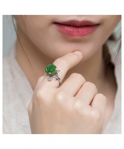 Hetian Green Jade Band Ring Jasper Rose Flower Sterling Silver Rings Adjustable for Women Gift $14.66 Rings