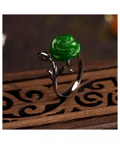 Hetian Green Jade Band Ring Jasper Rose Flower Sterling Silver Rings Adjustable for Women Gift $14.66 Rings