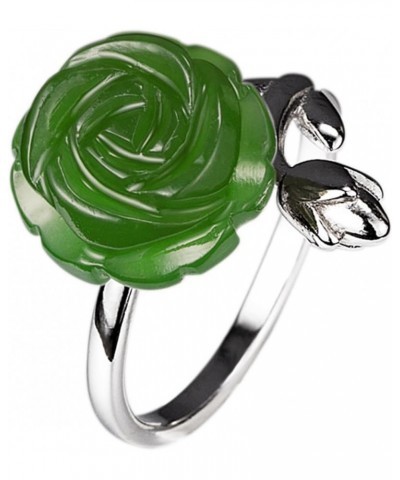 Hetian Green Jade Band Ring Jasper Rose Flower Sterling Silver Rings Adjustable for Women Gift $14.66 Rings