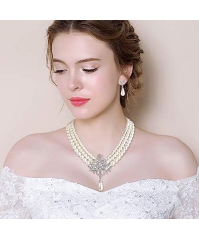 Women's Silver-Tone Ivory Simulated Pearls Crystal Victorian Style Statement Necklace Earrings Bracelet Bridal Wedding Sets N...