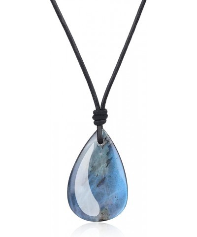 Men's Women's Teardrop Healing Crystal Necklace Labradorite - Adjustable Leather Cord $15.37 Necklaces