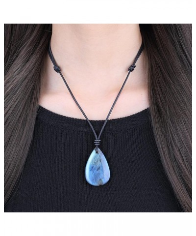 Men's Women's Teardrop Healing Crystal Necklace Labradorite - Adjustable Leather Cord $15.37 Necklaces