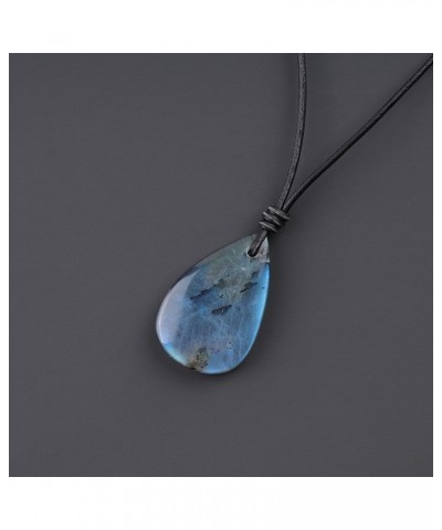 Men's Women's Teardrop Healing Crystal Necklace Labradorite - Adjustable Leather Cord $15.37 Necklaces