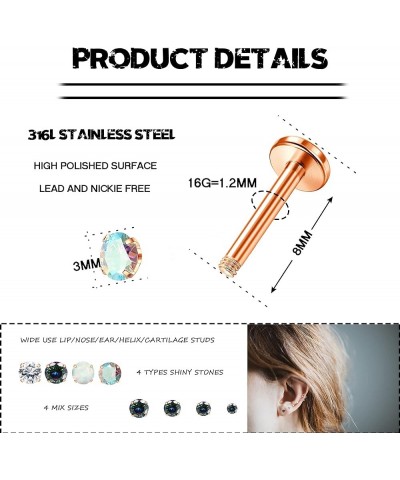 16Pcs 16G Monroe Lip Rings Surgical Steel Helix Tragus Labret Piercing Jewelry CZ Opal Cartilage Earring Stud For Women 6mm 8...