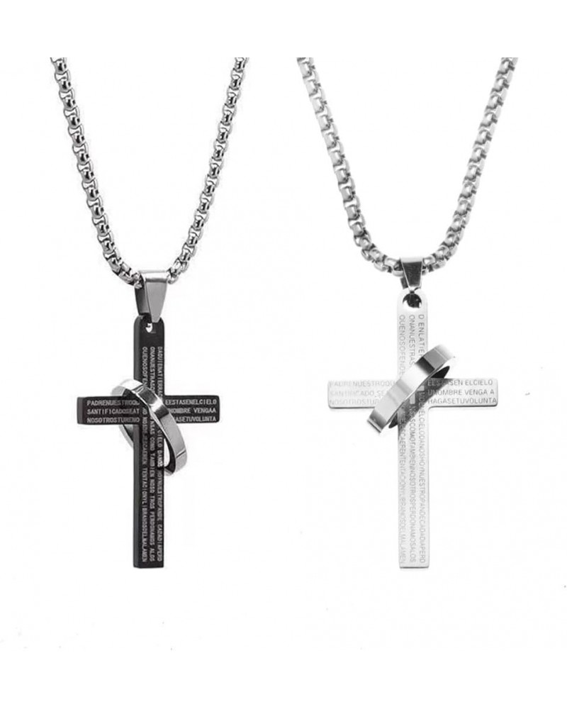 Cross Necklace For Couples Set Black Silver Stainless Steel Chain Matching Friendship Bible Verse Ring Cross Pendant Necklace...