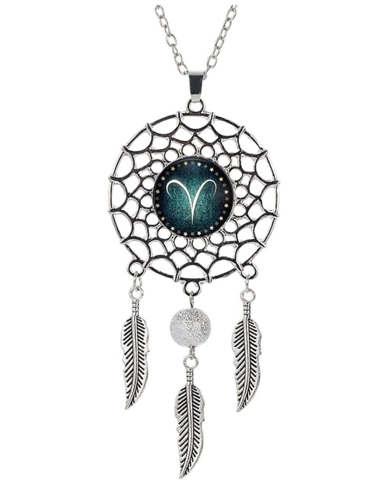 Women Retro Feather Dream Catcher Pendant Constellation Gemstone Necklace Valentine's Day Mother's Day Jewelry Aries $5.13 Ne...