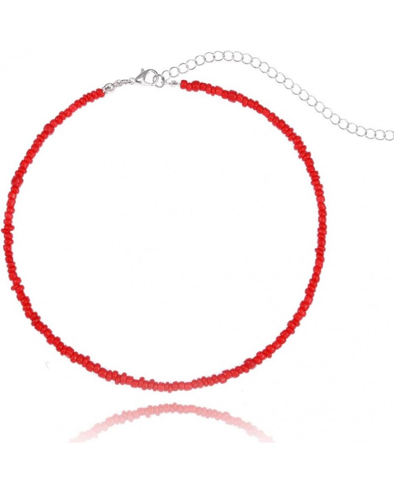 Boho Choker Necklace Chain Red Seed Rice Beaded Necklaces Jewelry for Women and Girls Red-1 $6.96 Necklaces