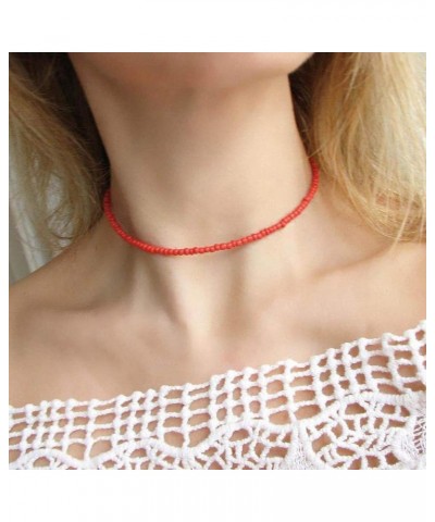 Boho Choker Necklace Chain Red Seed Rice Beaded Necklaces Jewelry for Women and Girls Red-1 $6.96 Necklaces