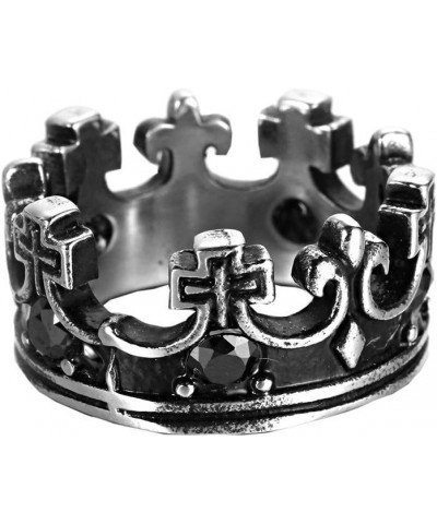 Men's Women's Stainless Steel Round Cubic Zirconia Inlaid Vintage Domineering Royal King Crown Cross Ring Silver Black with B...