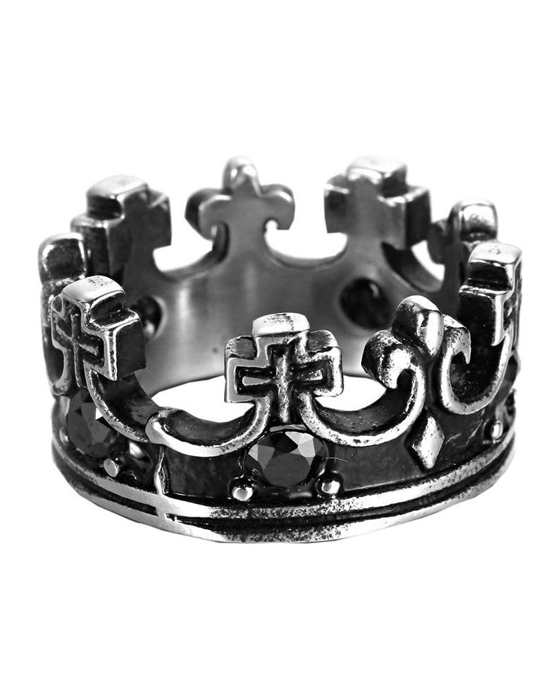 Men's Women's Stainless Steel Round Cubic Zirconia Inlaid Vintage Domineering Royal King Crown Cross Ring Silver Black with B...