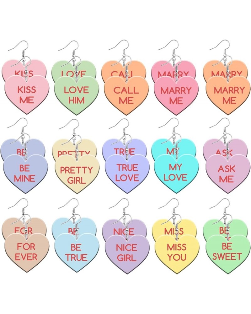 15 Pairs Valentine's Day Heart Wooden Earrings for Women Girls Cute Handmade Valentine Hug Me Be Mine Earrings Valentine's Da...