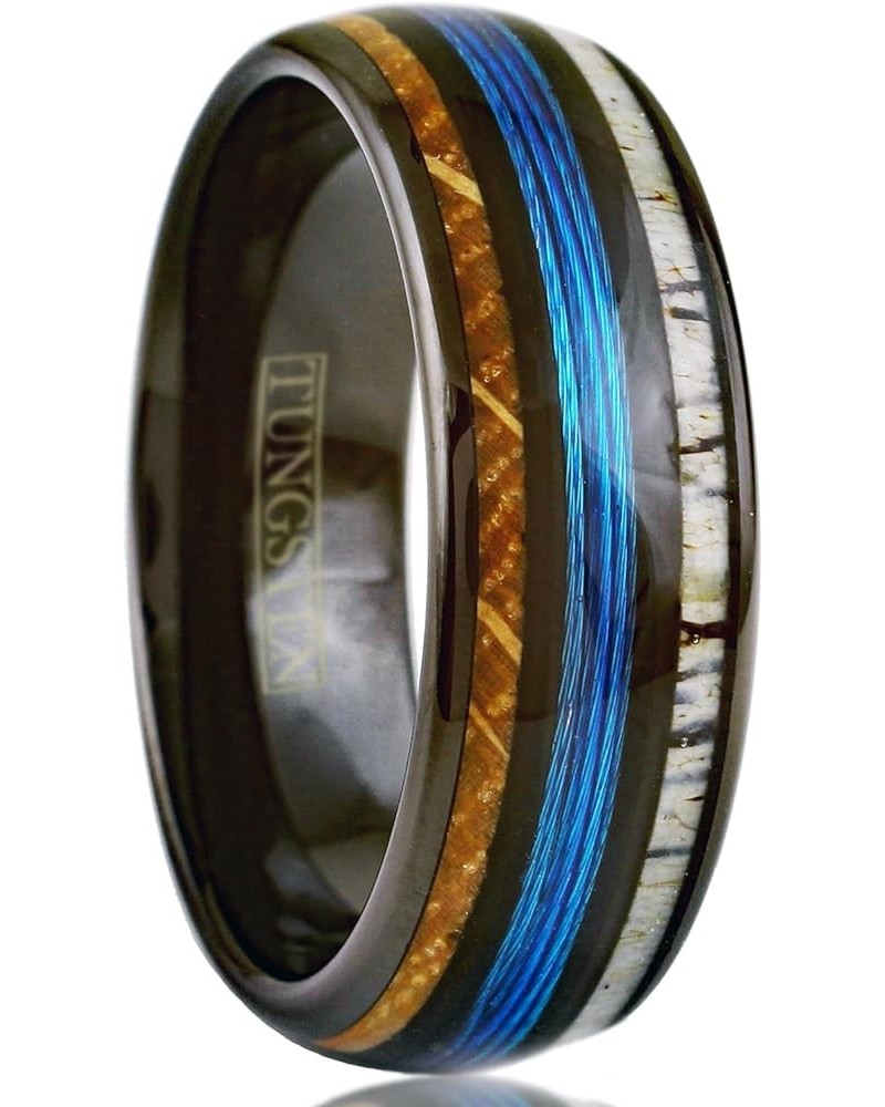 Stunning Unique 6mm/8mm Polished Black Tungsten Carbide Low Dome Band Ring with Fishing Line Between Whiskey Barrel Oak Wood ...