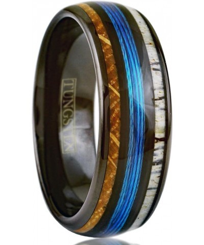 Stunning Unique 6mm/8mm Polished Black Tungsten Carbide Low Dome Band Ring with Fishing Line Between Whiskey Barrel Oak Wood ...