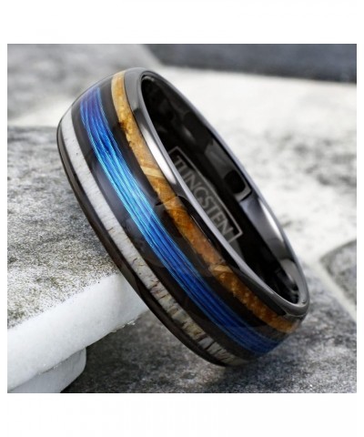 Stunning Unique 6mm/8mm Polished Black Tungsten Carbide Low Dome Band Ring with Fishing Line Between Whiskey Barrel Oak Wood ...