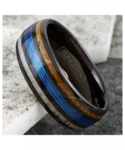 Stunning Unique 6mm/8mm Polished Black Tungsten Carbide Low Dome Band Ring with Fishing Line Between Whiskey Barrel Oak Wood ...