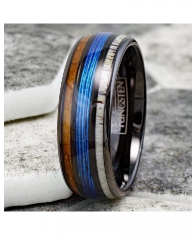 Stunning Unique 6mm/8mm Polished Black Tungsten Carbide Low Dome Band Ring with Fishing Line Between Whiskey Barrel Oak Wood ...